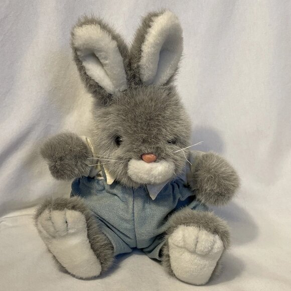 Vintage Gray Plush Bunny Rabbit Stuffed Animal with Blue Overalls 12" Sitting - Picture 10 of 10